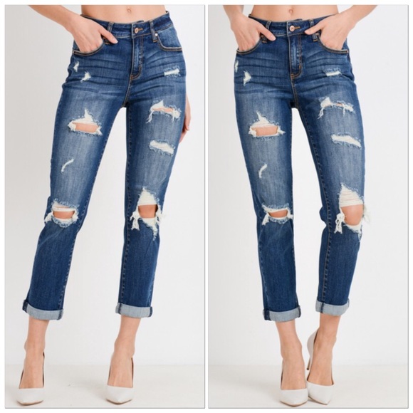 🆕 High Waist Skinny Straight Leg Ripped Busted Knee Boyfriend Jeans - Picture 4 of 6